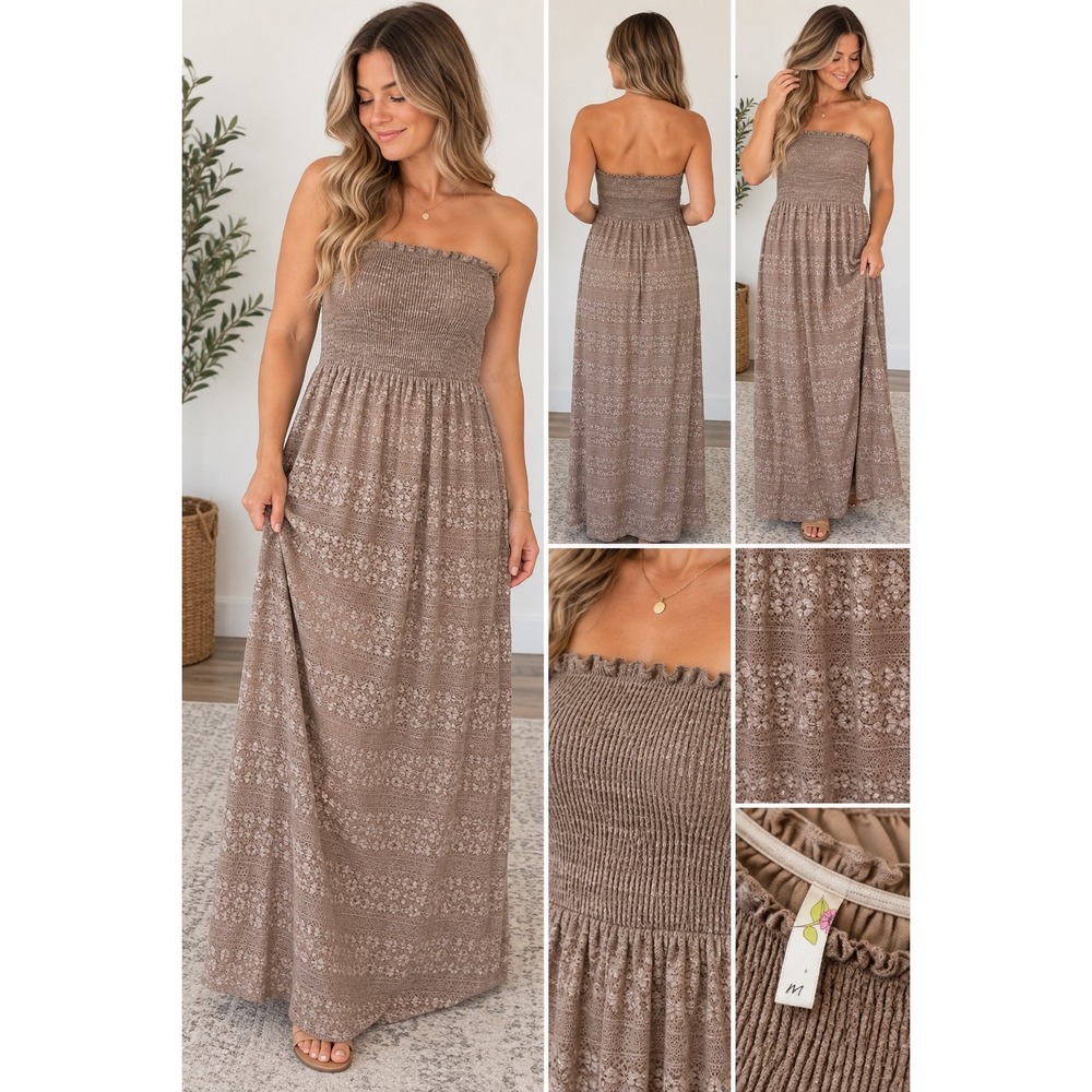 Espresso Brown Lace Metallic Smocked Strapless Maxi Dress Boho Shimmer Medium
